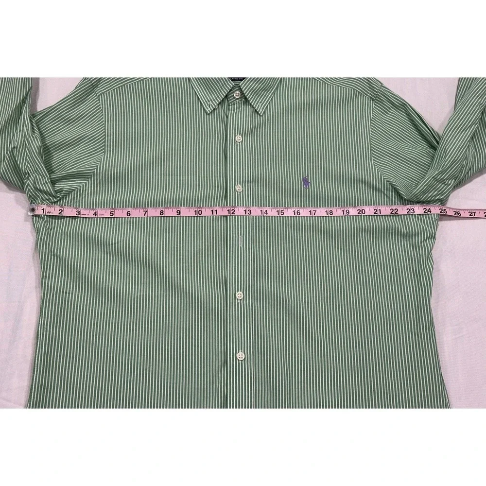 Polo Ralph Lauren Classic Fit Button Down Dress Shirt Green & White Purple Logo